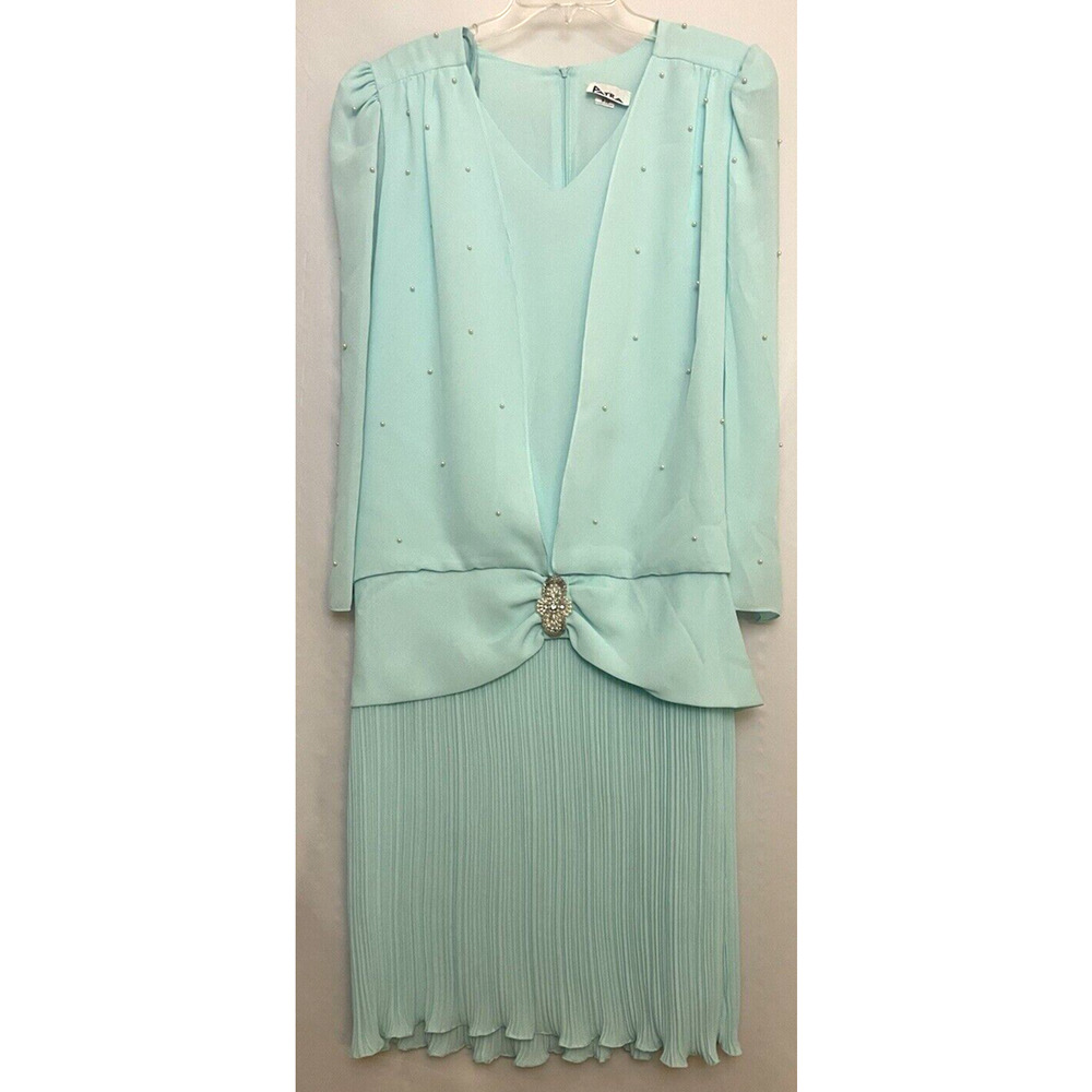 Patra Vtg 80"s Chiffon Woman Size 9/10 Blue Dress Pearly Tiered Beads & Pendant
